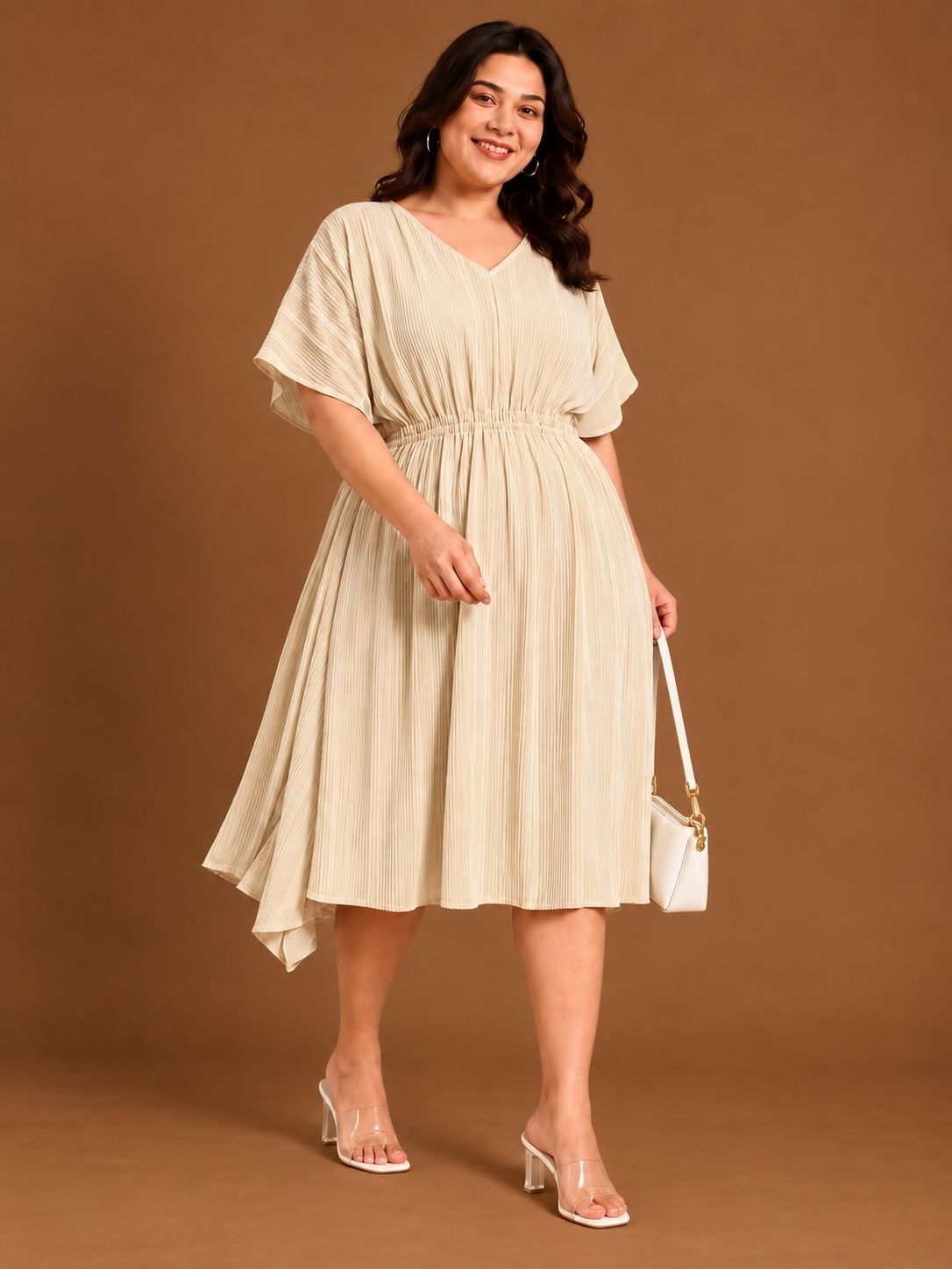 Ivory Pleated Smocking Midi Dress