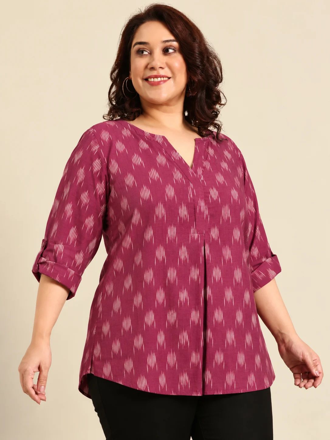 Maroon Cotton Ikat Print V-Neck Top