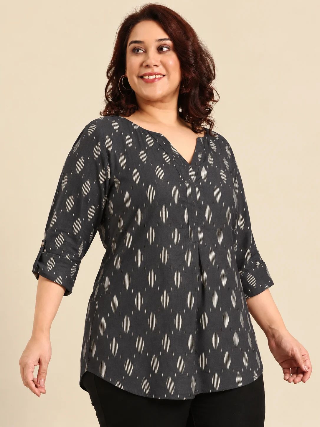 Black Cotton Ikat Print V-Neck Top