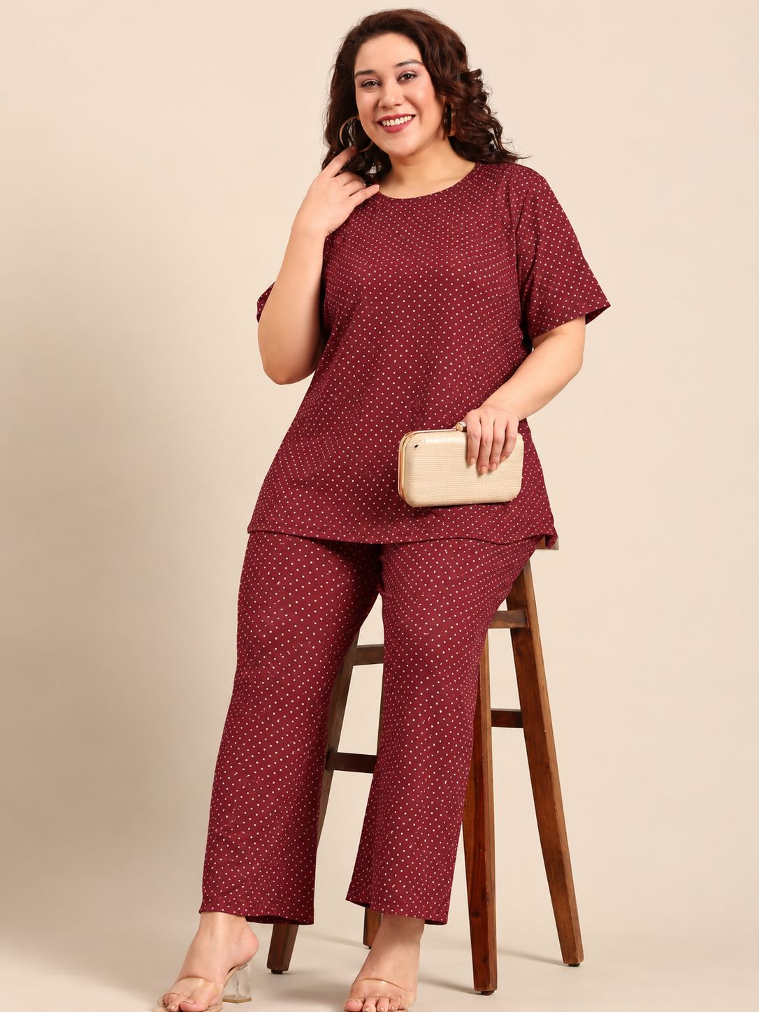 Maroon Mini Polka Dot Co-ord Set (2 Piece)