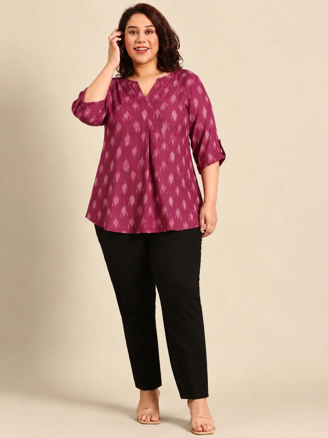 Maroon Cotton Ikat Print V-Neck Top