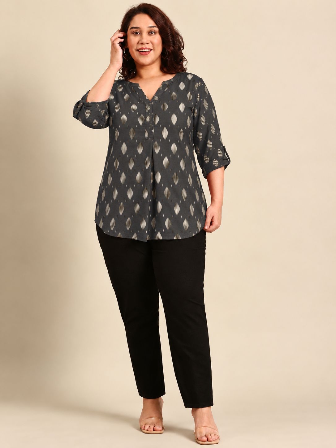 Black Cotton Ikat Print V-Neck Top