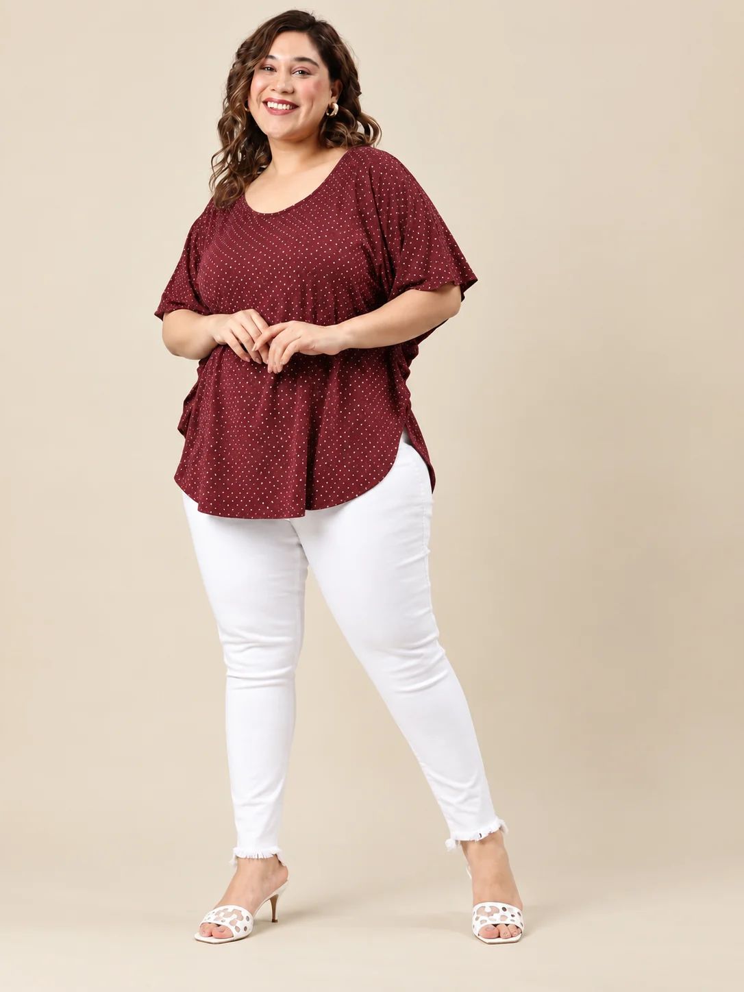 Maroon Mini Polka Dot Kaftan Top