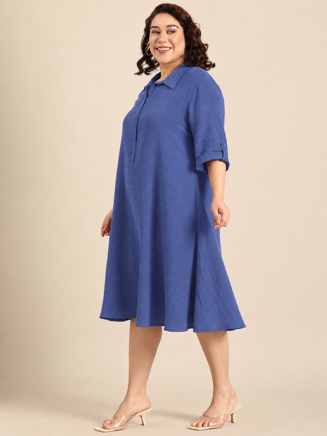Slate Grey Collared A-Line Midi Dress