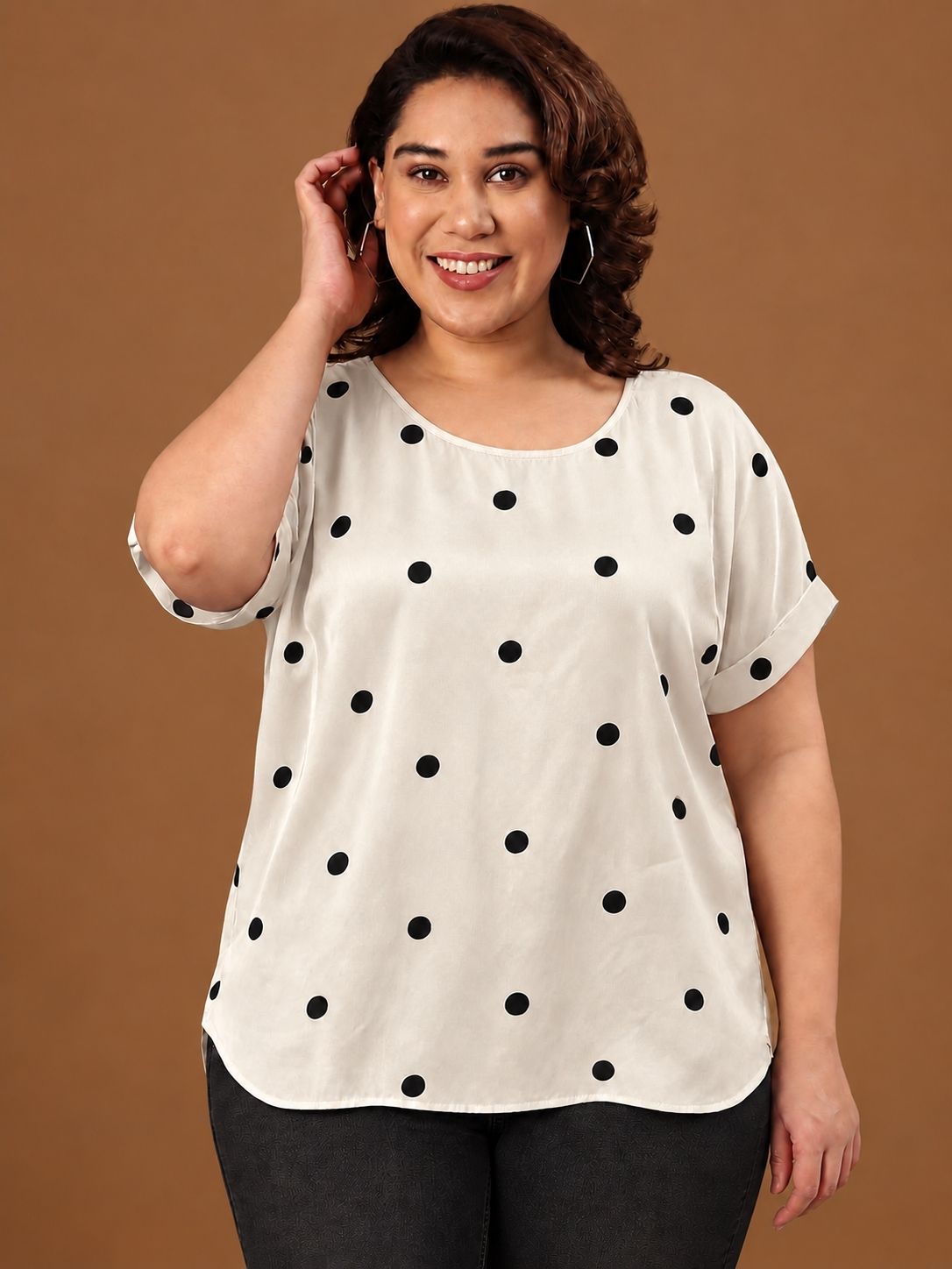 Satin Polka Dot Drop Shoulder Top