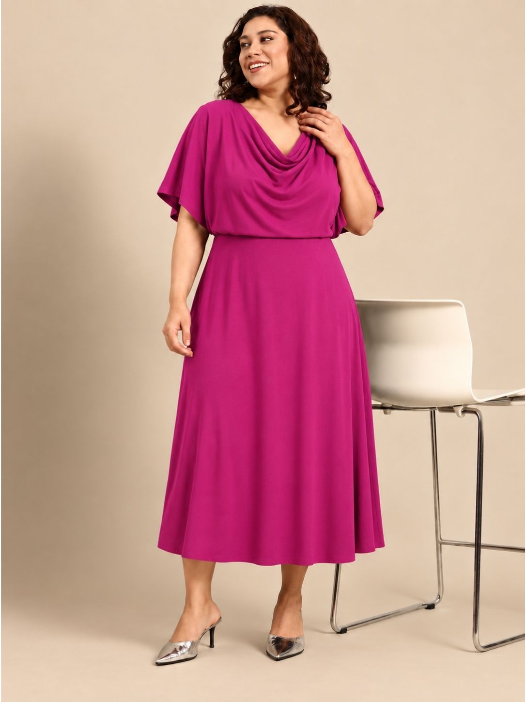 Pink Cowl Neck Midi Dress