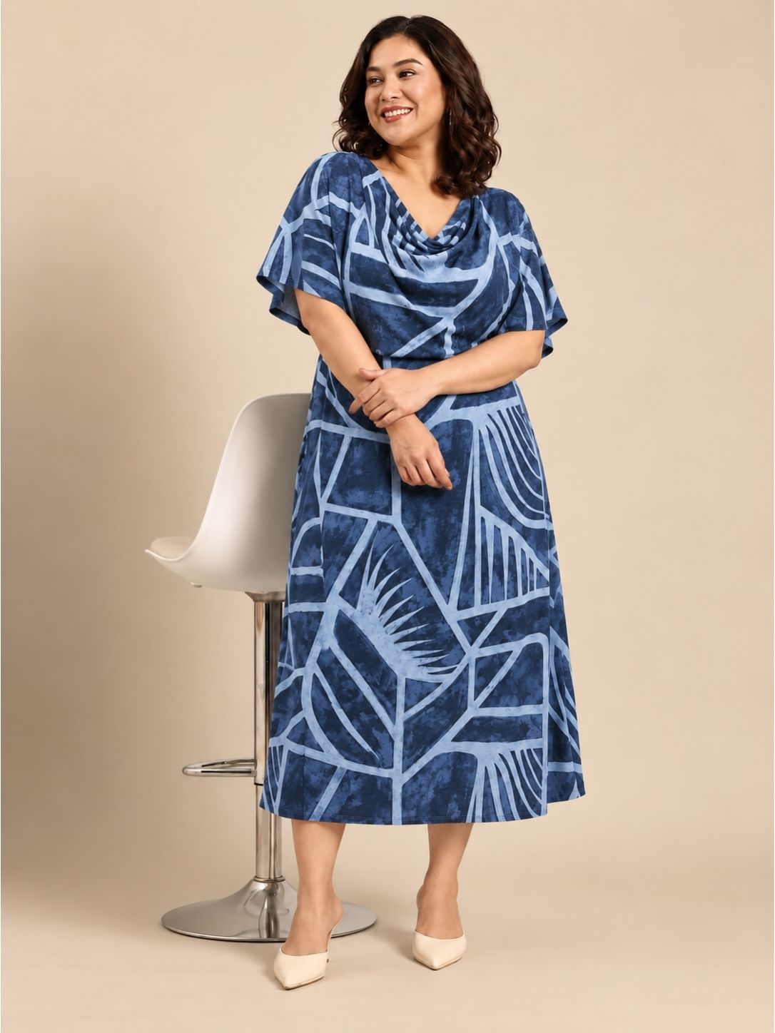 Indigo Abstract Geometric Cowl Neck Dress