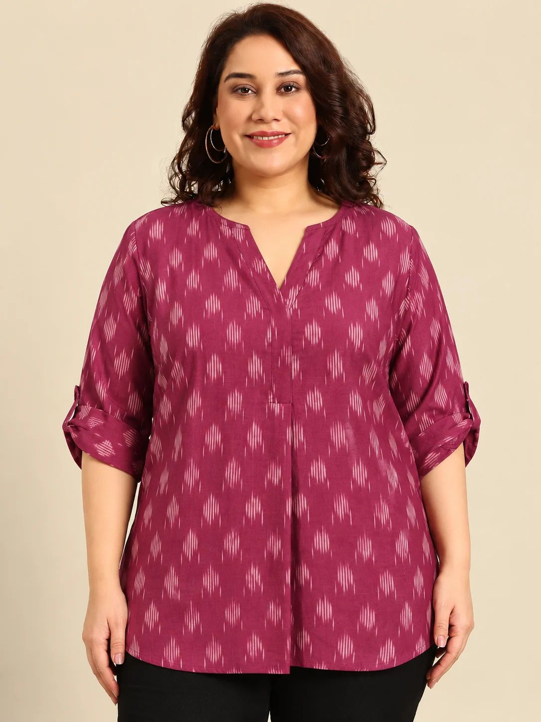 Maroon Cotton Ikat Print V-Neck Top