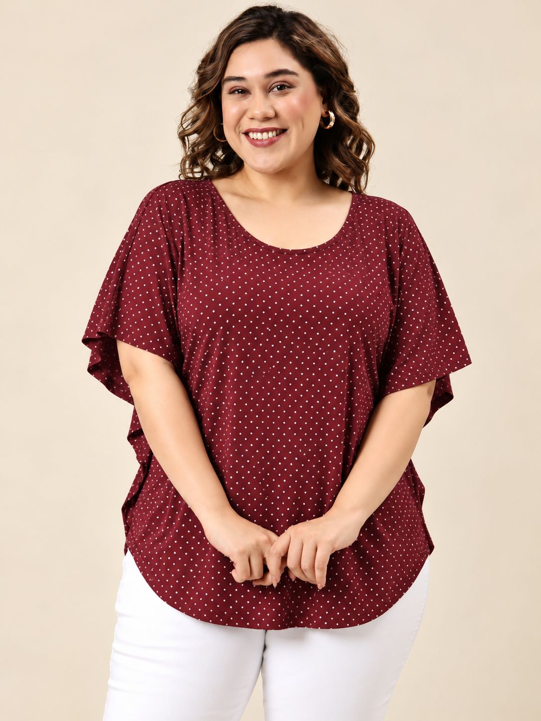 Maroon Mini Polka Dot Kaftan Top