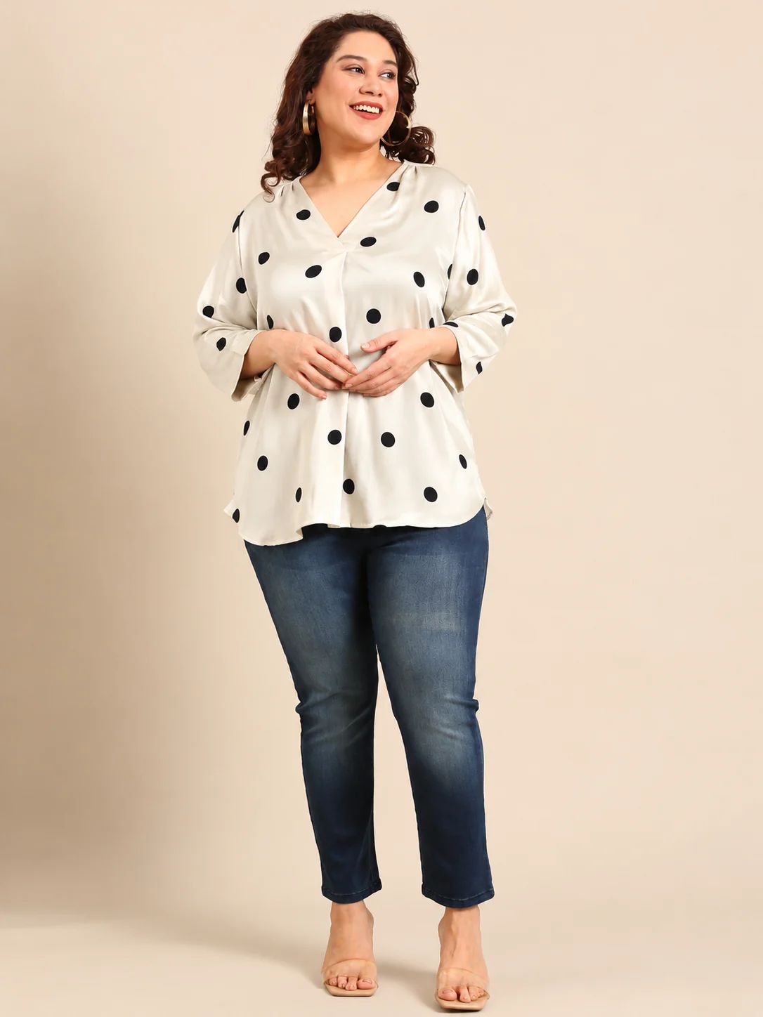 Satin Polka Dot V-Neck Top