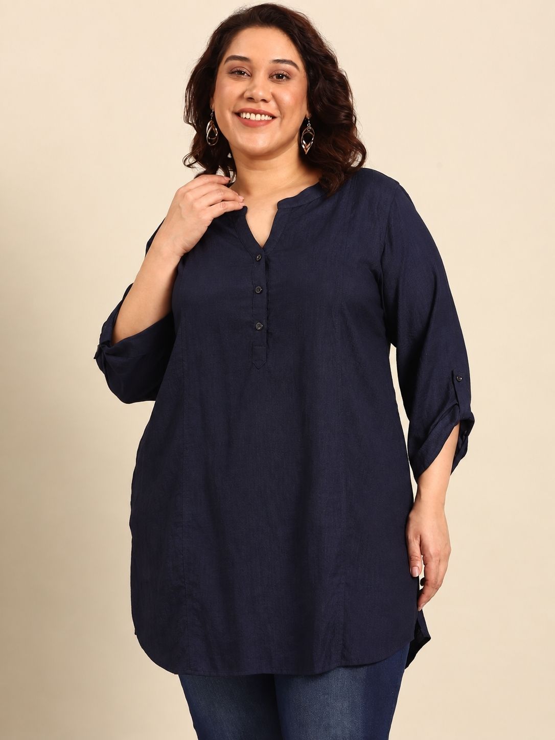Navy Blue Solid V-Neck Tunic