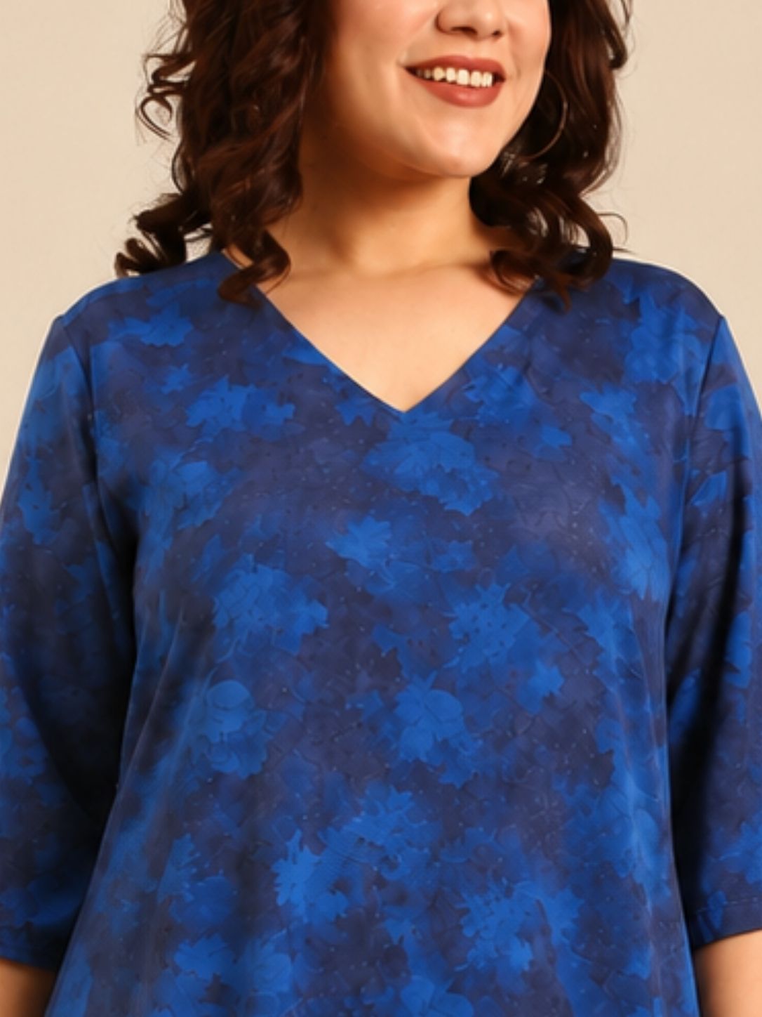 Blue Printed V-Neck A-Line Midi Dress