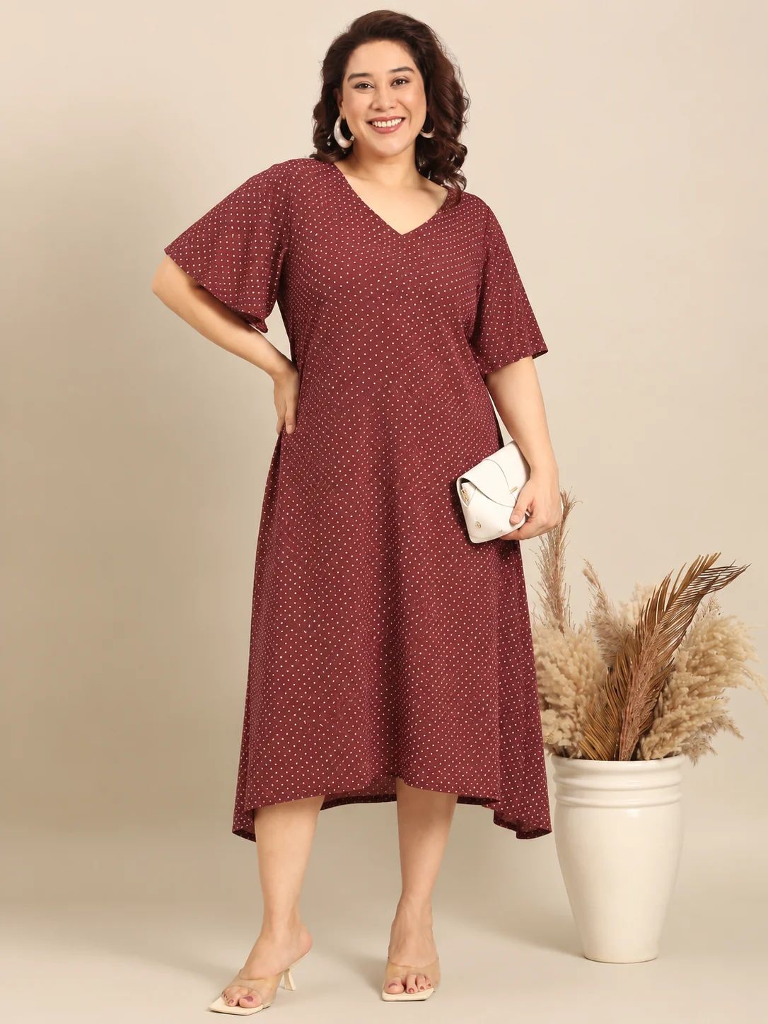 Maroon Polka Dot A-Line Dress