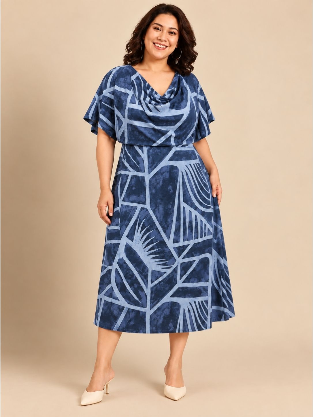 Indigo Abstract Geometric Cowl Neck Dress