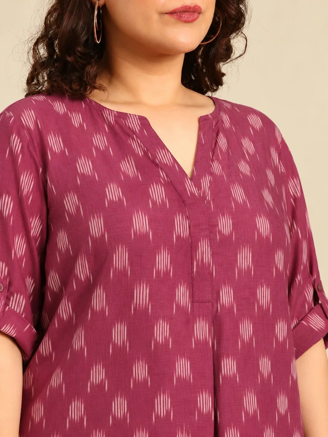 Maroon Cotton Ikat Print V-Neck Top