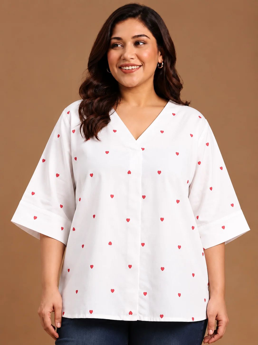 White Heart Embroidered Drop Shoulder Top