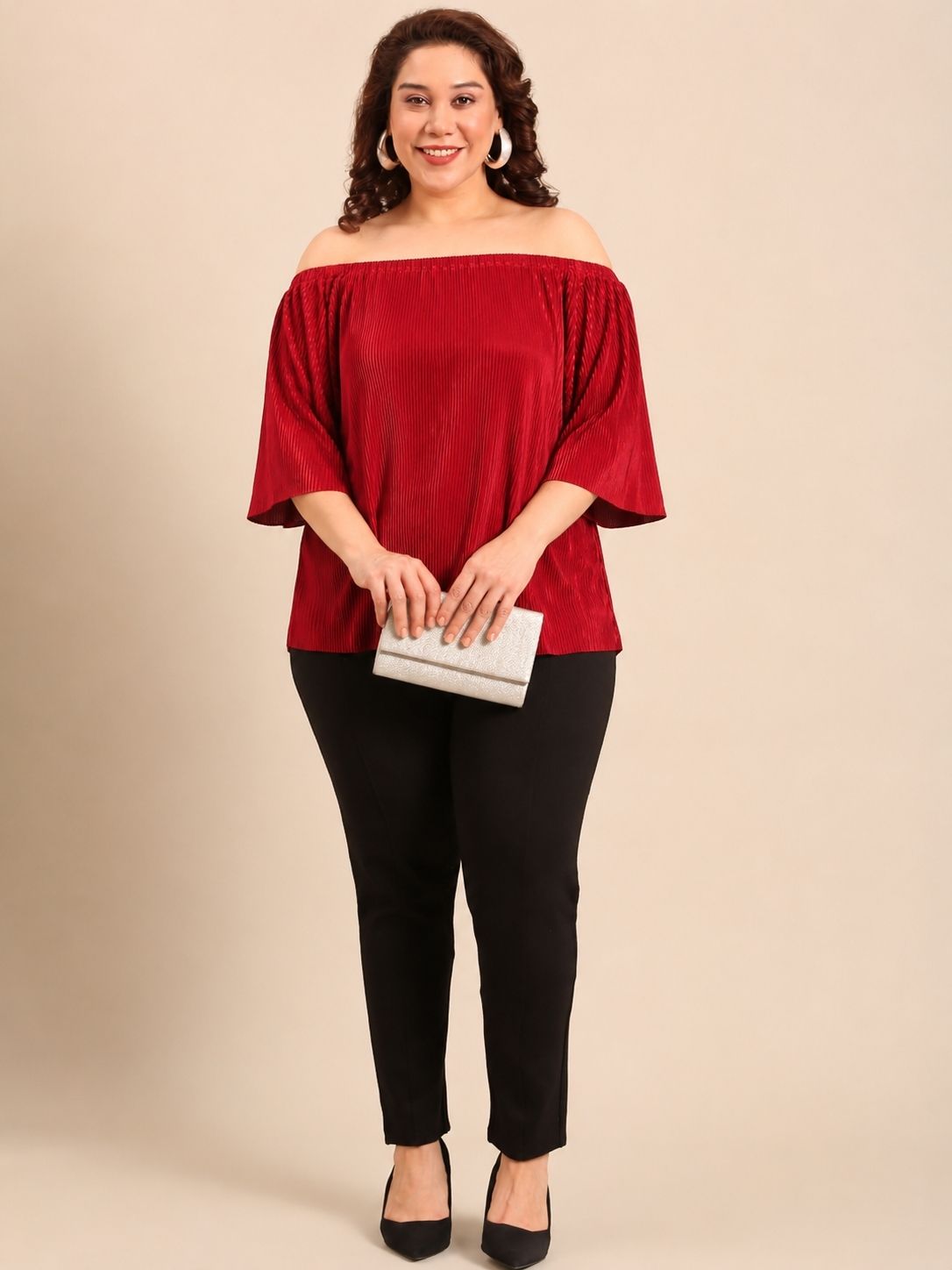 Red Pleated Off-Shoulder Top