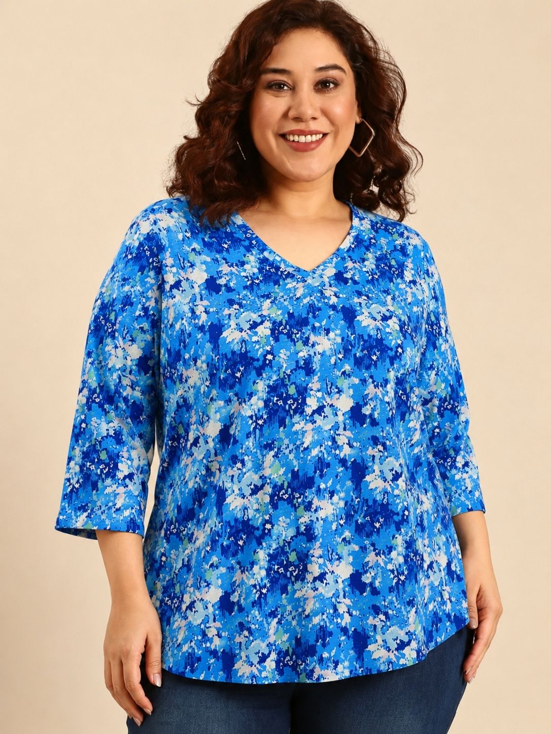 Blue Abstract Floral Print V-Neck T-Shirt