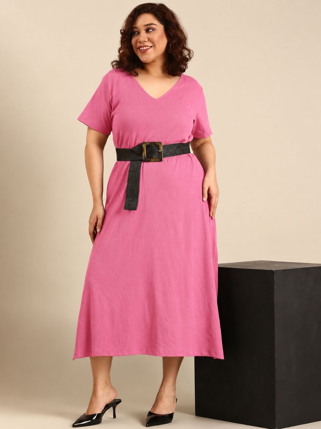 Pink Rib Cotton A-Line Dress