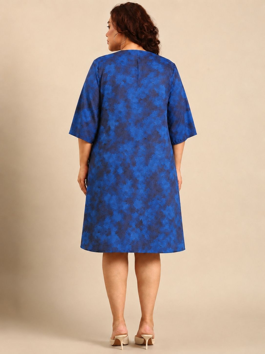 Blue Printed V-Neck A-Line Midi Dress