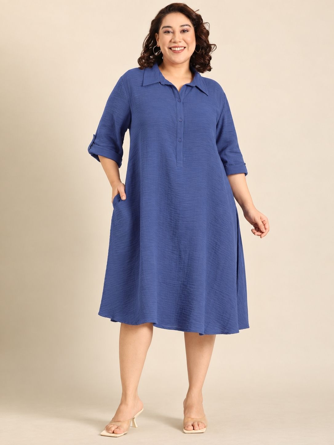 Slate Grey Collared A-Line Midi Dress