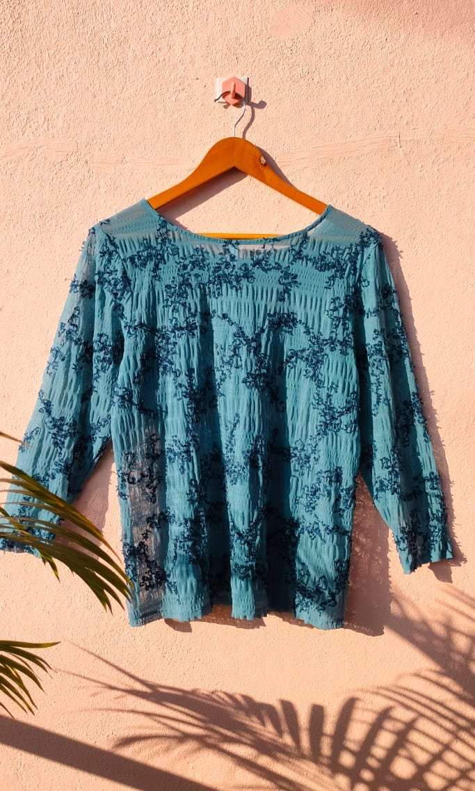 Blue Embossed Mesh Top