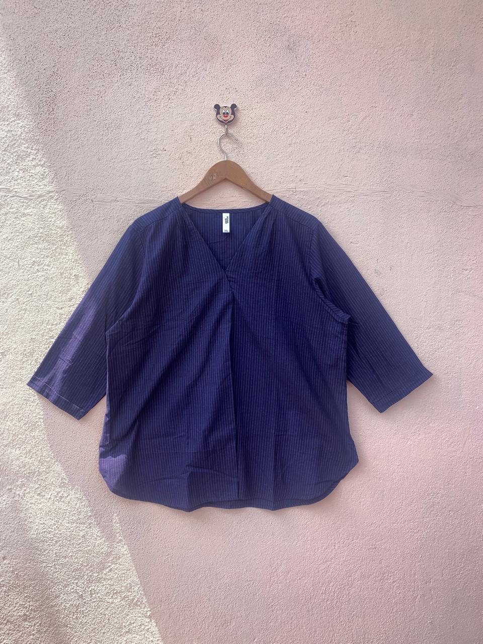 Navy Cotton Pinstripe Wrap Top