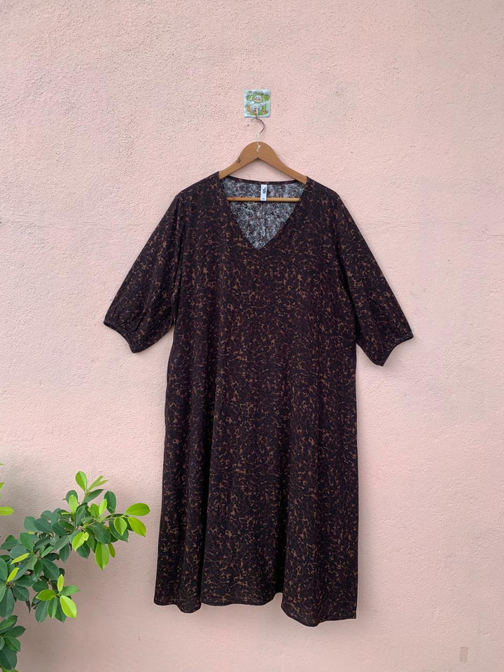 Brown Printed V-Neck Dress