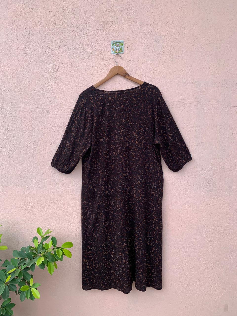 Brown Printed V-Neck Dress