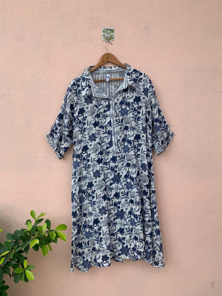 Blue Floral Printed Shirt Dress