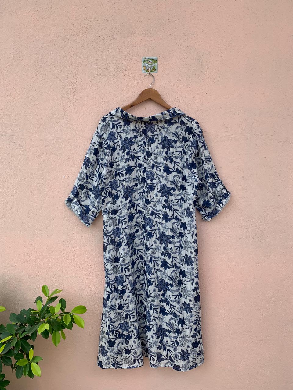 Blue Floral Printed Shirt Dress