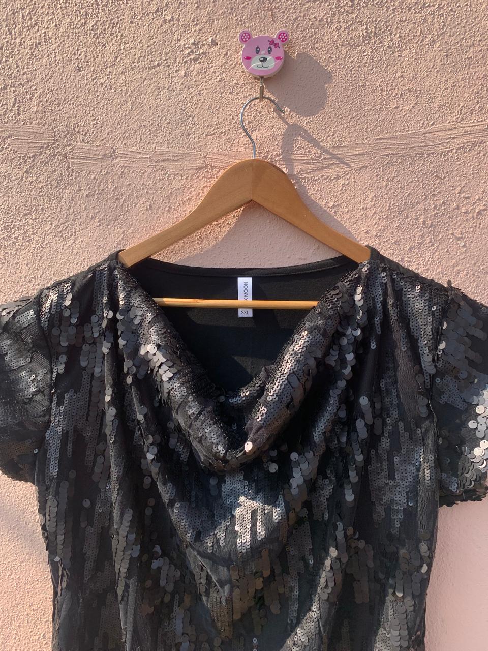 Black Sequin Cowl Neck Top