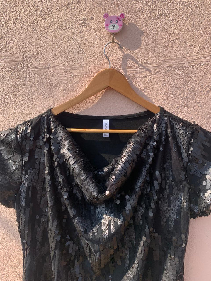 Black Sequin Cowl Neck Top