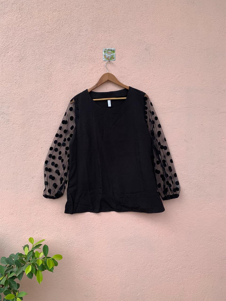 Black Top with Mesh Polka Dot Sleeves