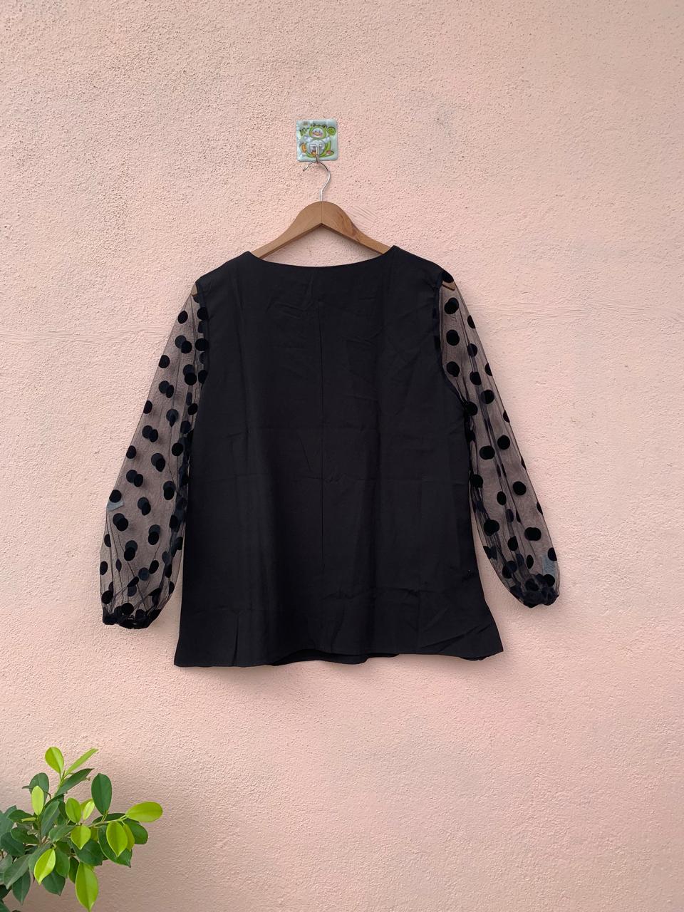 Black Top with Mesh Polka Dot Sleeves