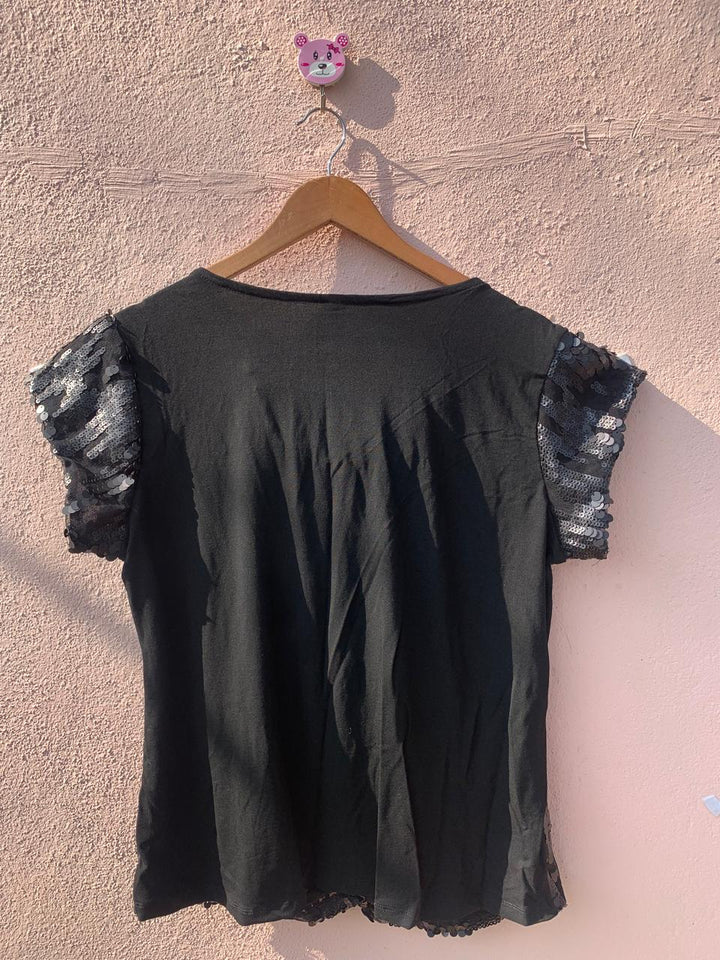Black Sequin Cowl Neck Top