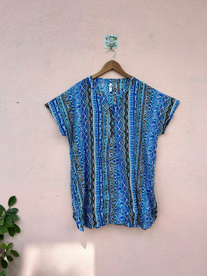 Blue Printed V-Neck Top