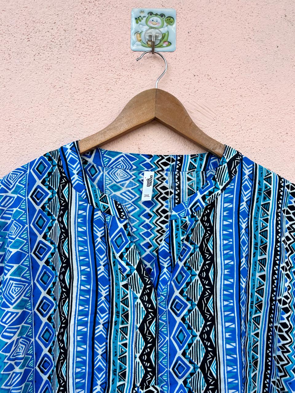 Blue Printed V-Neck Top