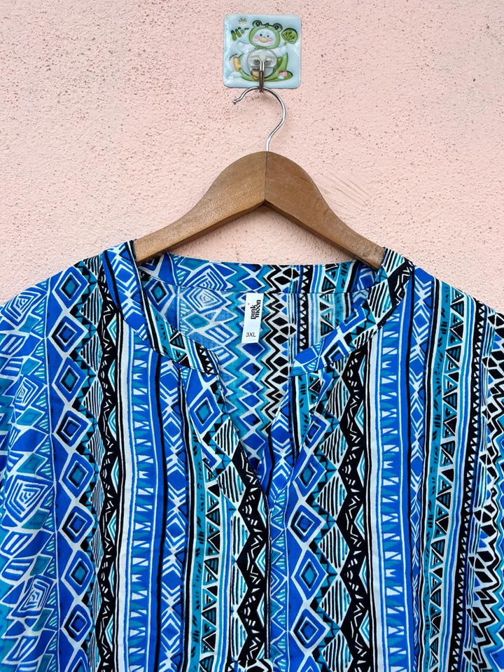 Blue Printed V-Neck Top