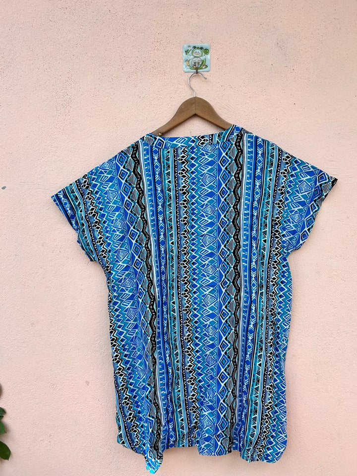 Blue Printed V-Neck Top