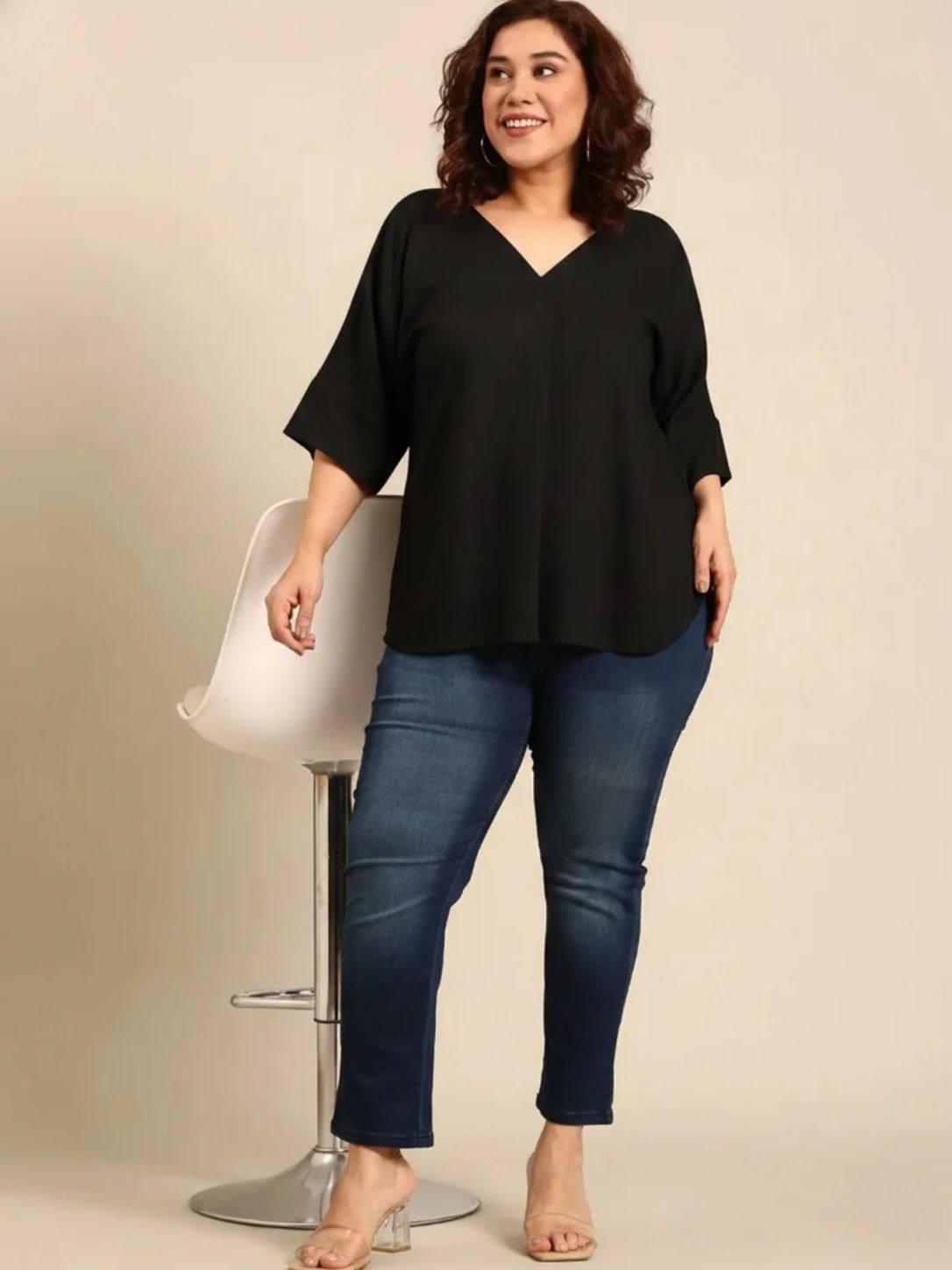 Black V-Neck Drop Shoulder Top