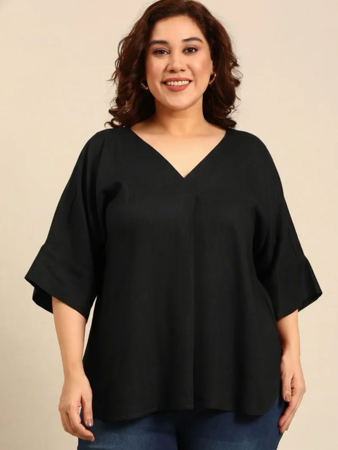 Black V-Neck Drop Shoulder Top