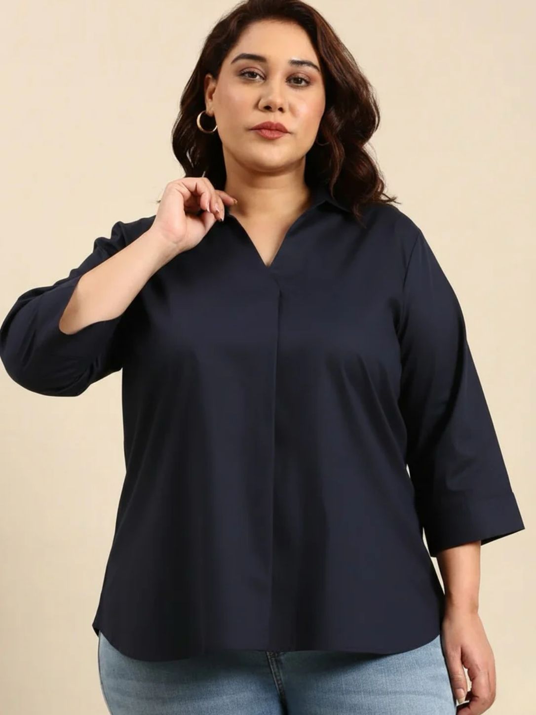 Navy Cotton Collar Neck Top