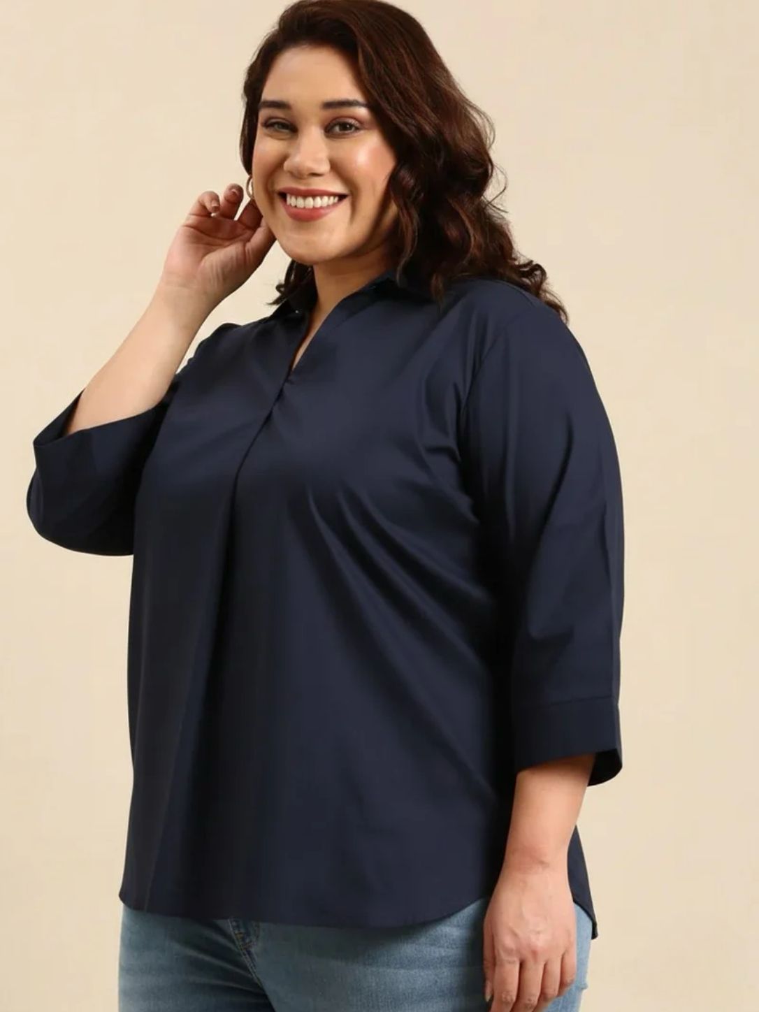 Navy Cotton Collar Neck Top