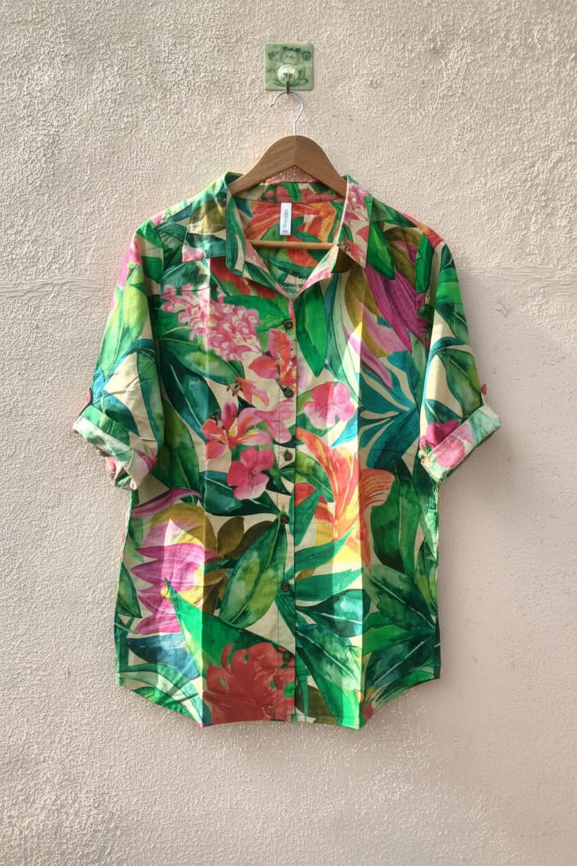 Green Tropical Floral Printed Shirt & Pant Co-ord Set