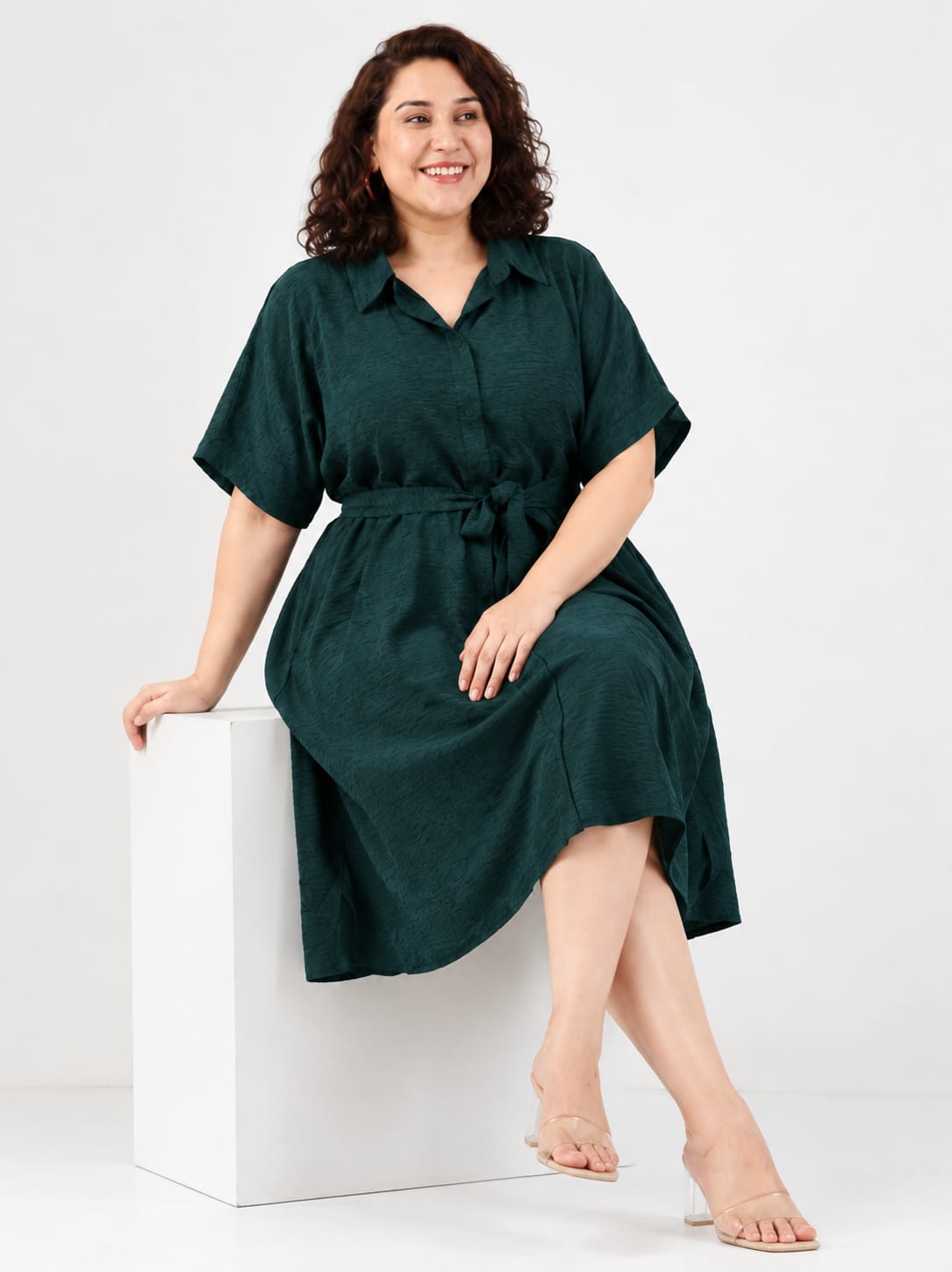 Solid Green A-Line Shirt Dress