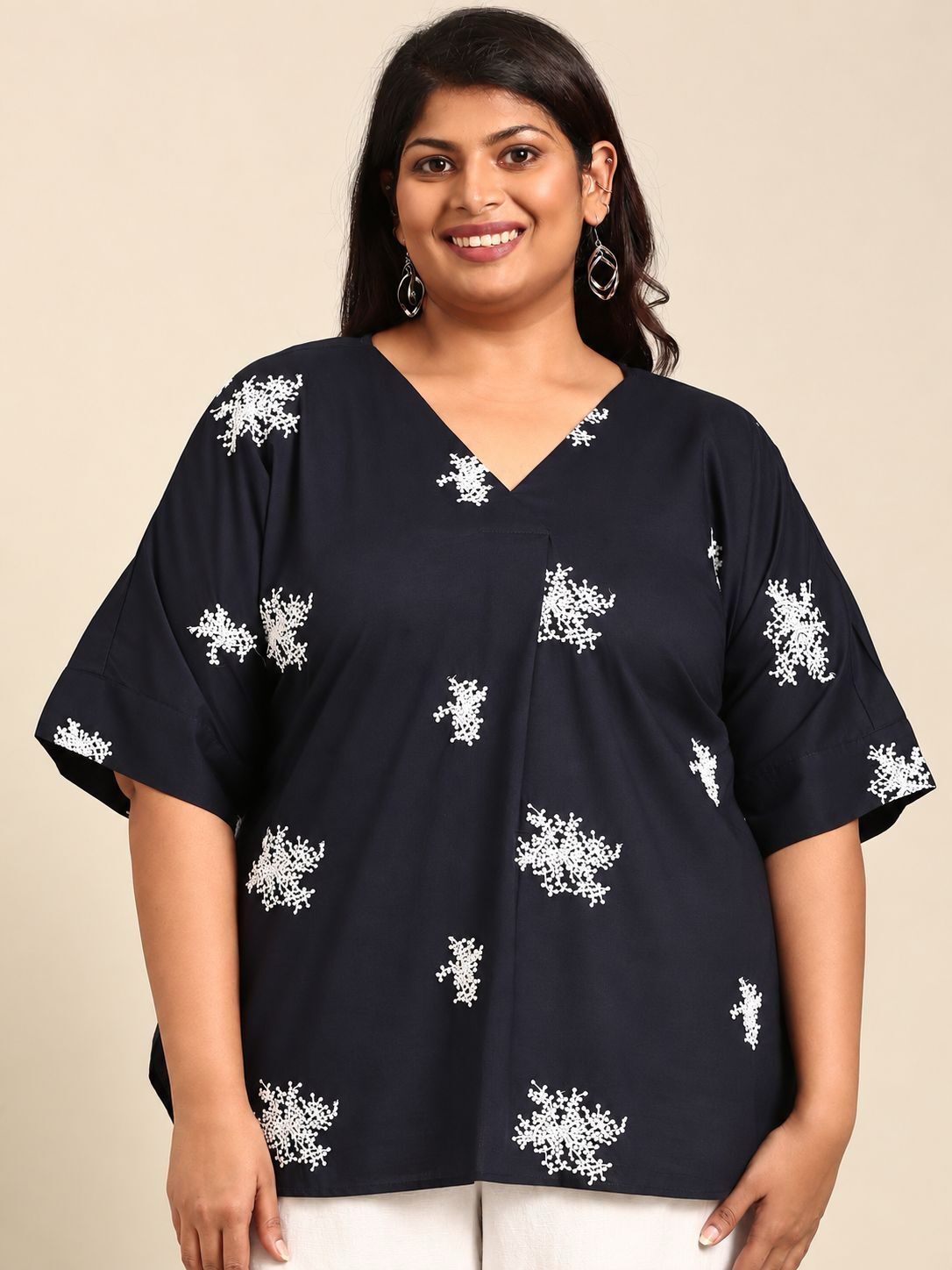 Navy Embroidered Drop Shoulder Top