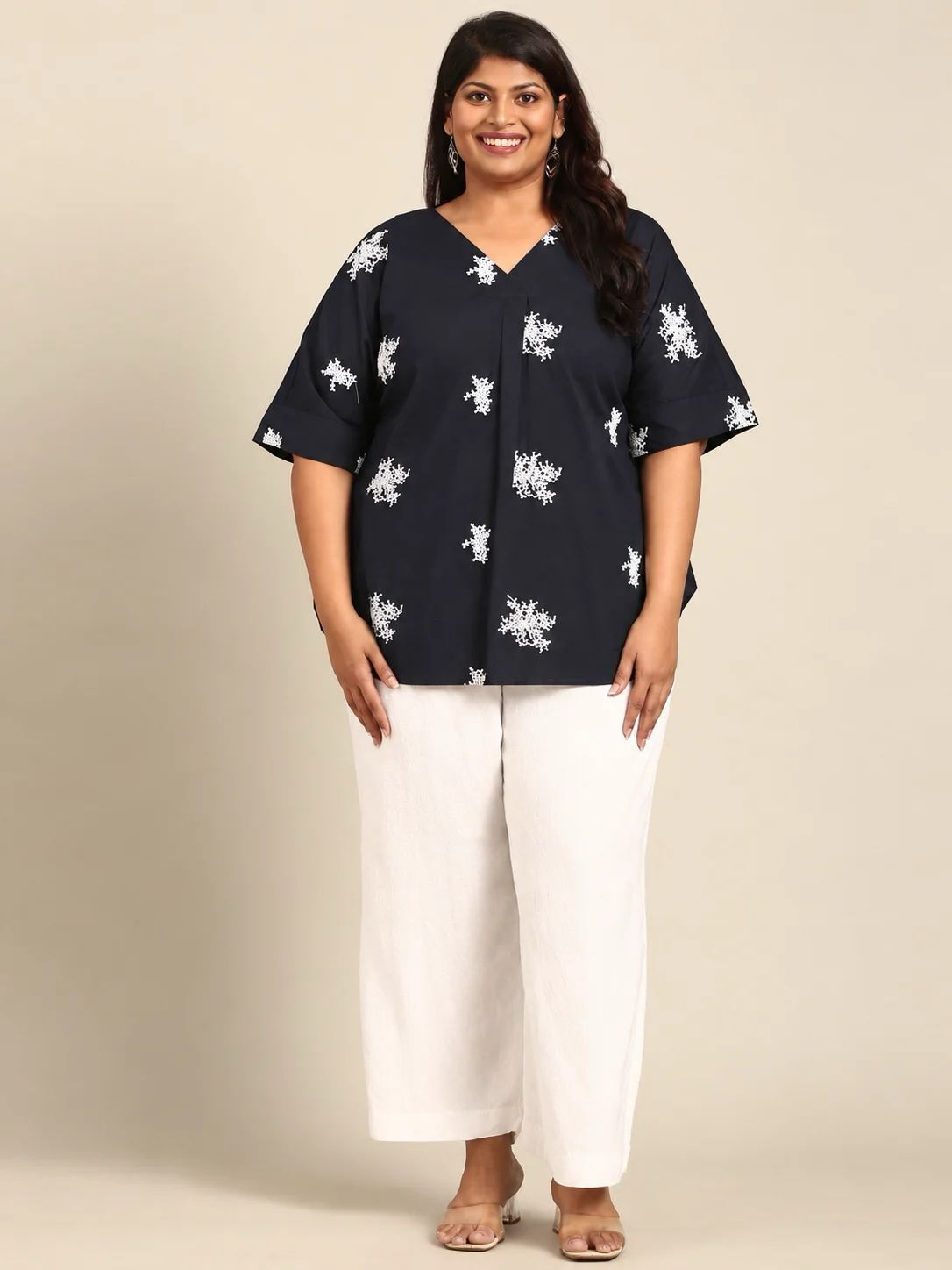 Navy Embroidered Drop Shoulder Top