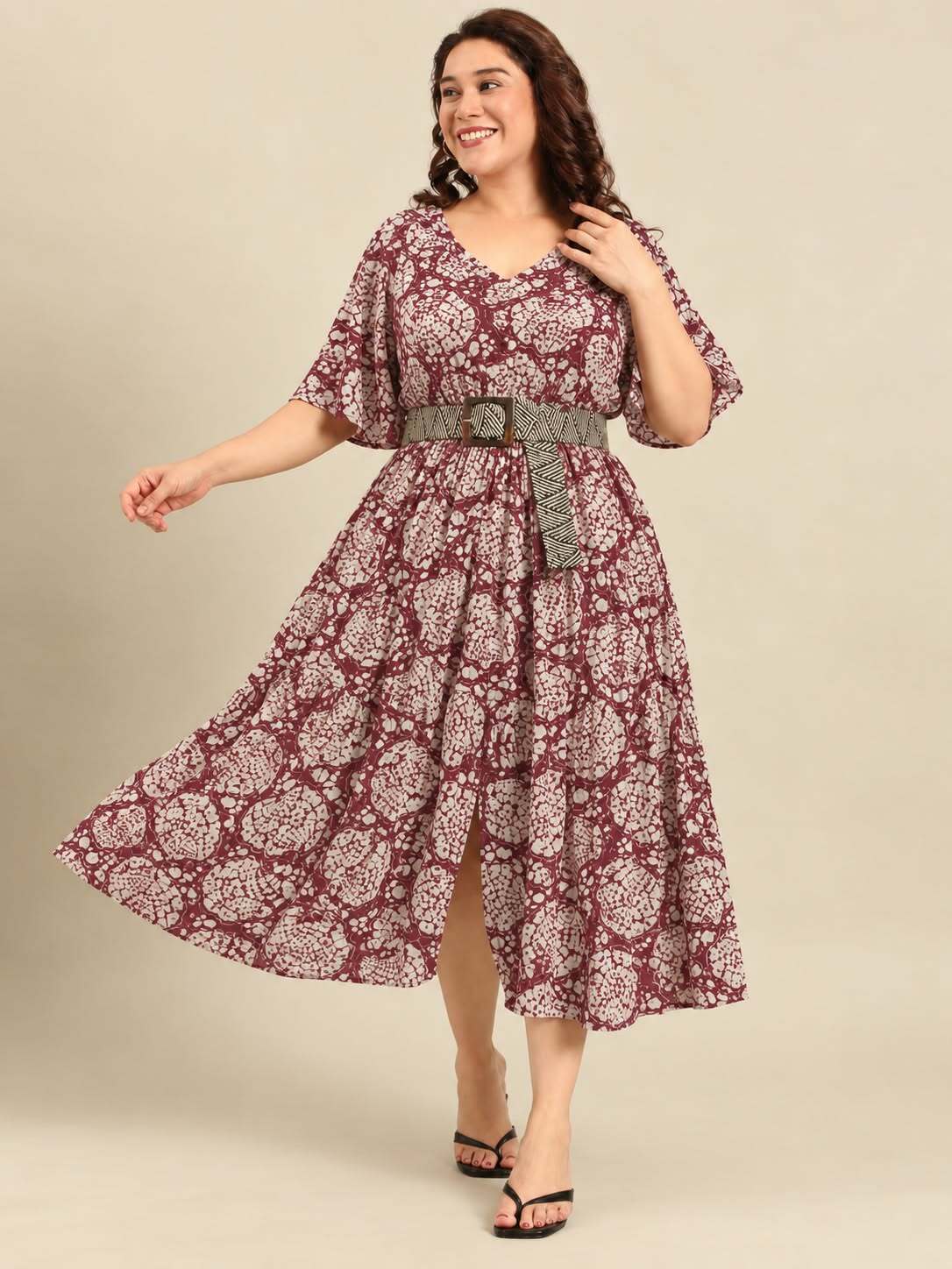 Maroon Shell Print Dress with Waist Tie