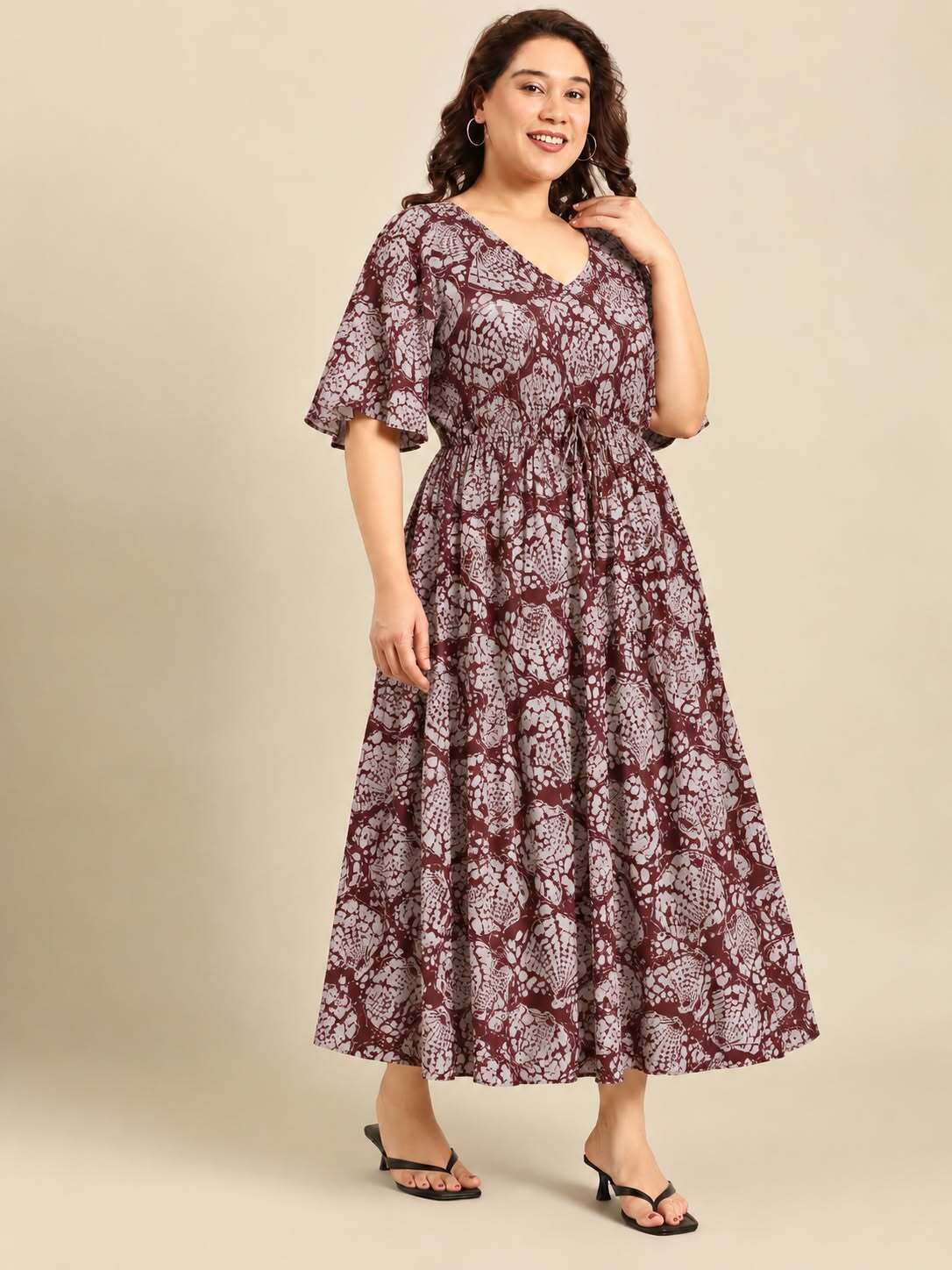 Maroon Shell Print Dress with Waist Tie